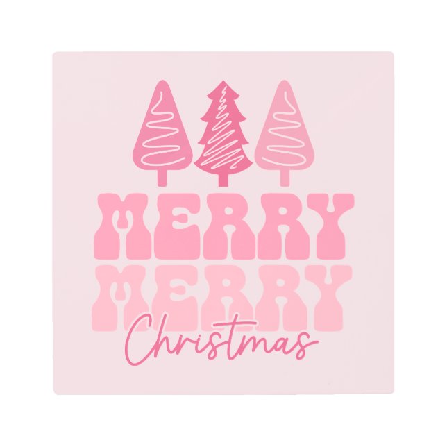 メリーメリークリスマス – ピンクホリデーデザイン メタルプリント (正面)