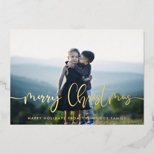 メリーモダンお洒落クリスマスの家族の写真 箔シーズンカード (正面)