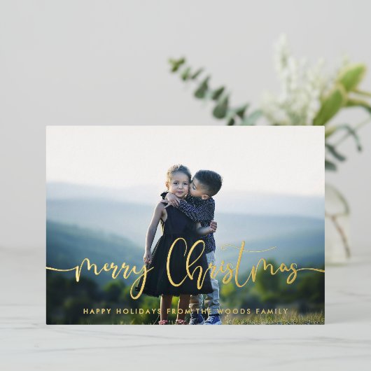 メリーモダンお洒落クリスマスの家族の写真 箔シーズンカード (立ち正面)