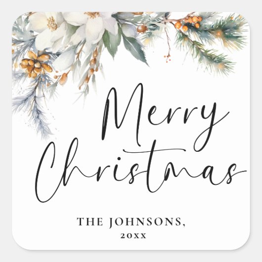 メリーモダンエレガントクリスマスカスタムダークグリーン スクエアシール (正面)