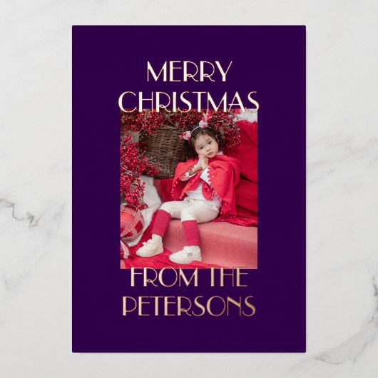 メリーモダンエレガントクリスマス写真バラ金ゴールド 箔シーズンカード (正面)