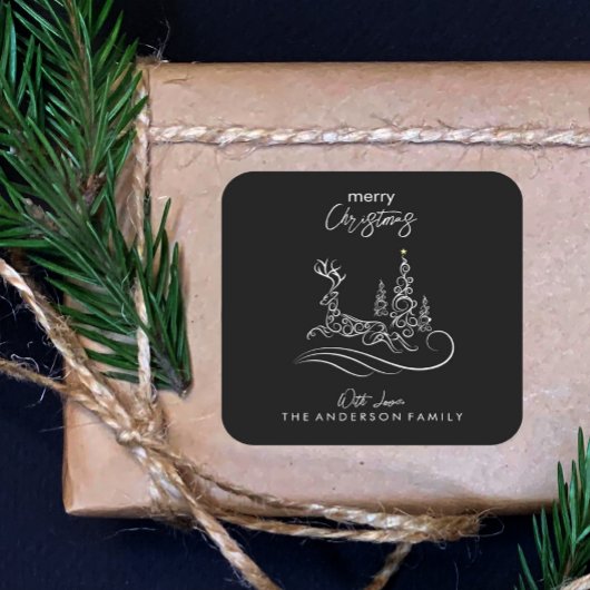 メリーモダンエレガントスのクリスマスの木とトナカイ スクエアシール