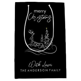 メリーモダンエレガントスのクリスマスの木とトナカイ ミディアムペーパーバッグ