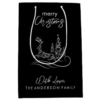 メリーモダンエレガントスのクリスマスの木とトナカイ ミディアムペーパーバッグ