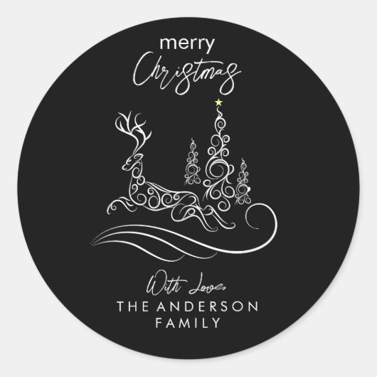 メリーモダンエレガントスのクリスマスの木とトナカイ ラウンドシール (正面)