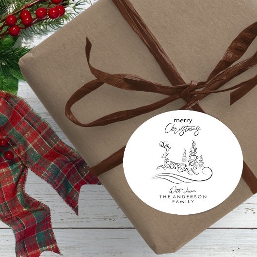 メリーモダンエレガントスのクリスマスの木とトナカイ ラウンドシール