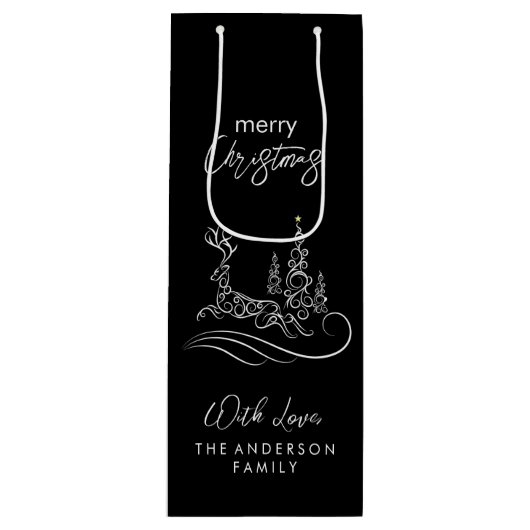 メリーモダンエレガントスのクリスマスの木とトナカイ ワインギフトバッグ (正面)