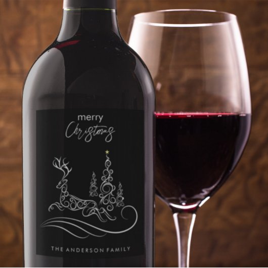 メリーモダンエレガントスのクリスマスの木とトナカイ ワインラベル