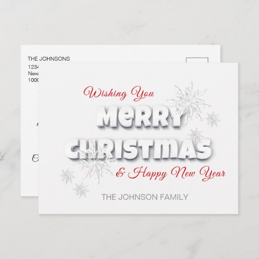 メリーモダンクリスマスおめでとう年赤白 シーズンポストカード (正面/裏面)