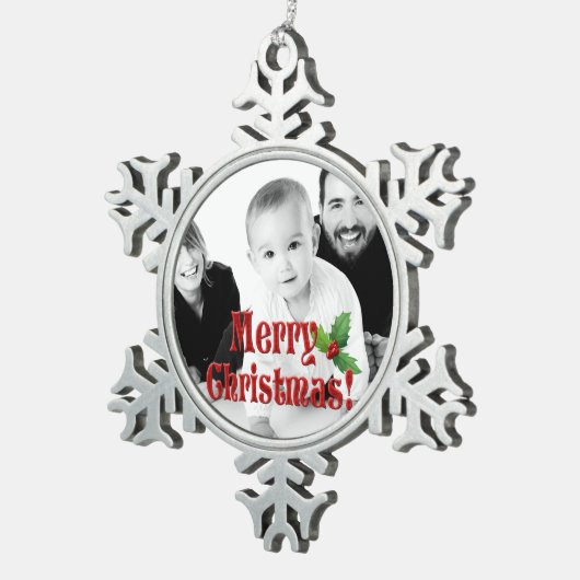 メリーモダンクリスマスとホリーのカスタム写真 スノーフレークピューターオーナメント (右)