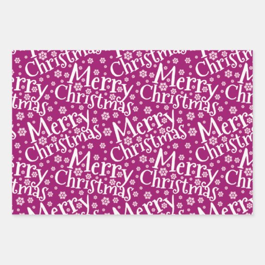メリーモダンクリスマスのスノーフレークパープルピンク ラッピングペーパーシート (正面)