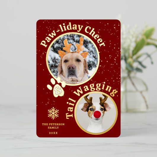 メリーモダンクリスマスのパワリーのペットおもしろい3枚の写真 箔シーズンカード (立ち正面)