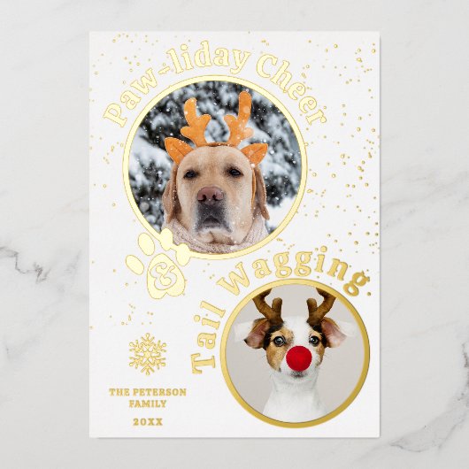 メリーモダンクリスマスのパワリーのペットおもしろい3枚の写真 箔シーズンカード (正面)