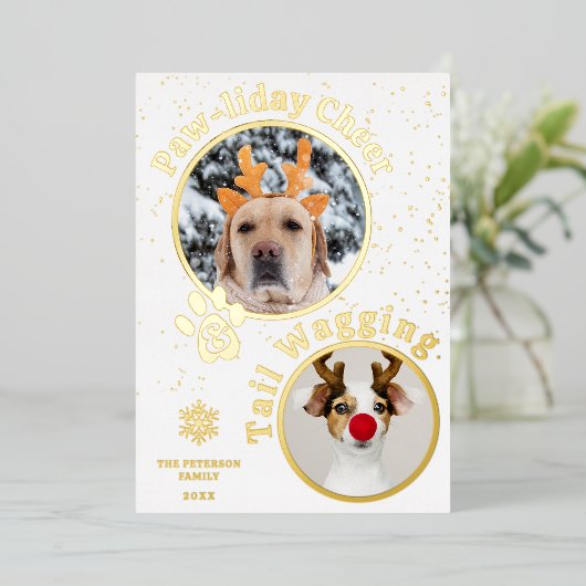 メリーモダンクリスマスのパワリーのペットおもしろい3枚の写真 箔シーズンカード (立ち正面)
