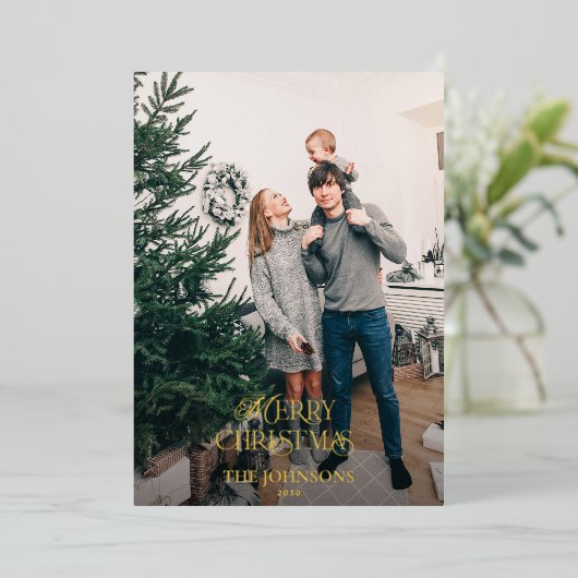 メリーモダンクリスマスのピネコーングリーン金ゴールド写真 箔シーズンカード (立ち正面)