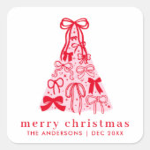 メリーモダンクリスマスのピンクの弓ツリー スクエアシール (正面)