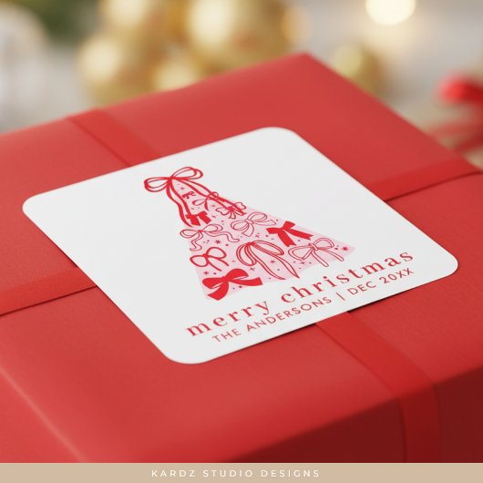 メリーモダンクリスマスのピンクの弓ツリー スクエアシール