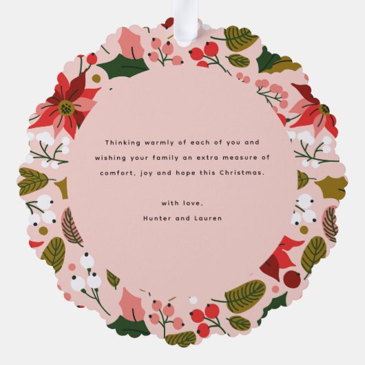 メリーモダンクリスマスのピンクの花の模様の写真 オーナメントカード (裏面)