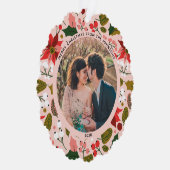 メリーモダンクリスマスのピンクの花の模様の写真 オーナメントカード (右)