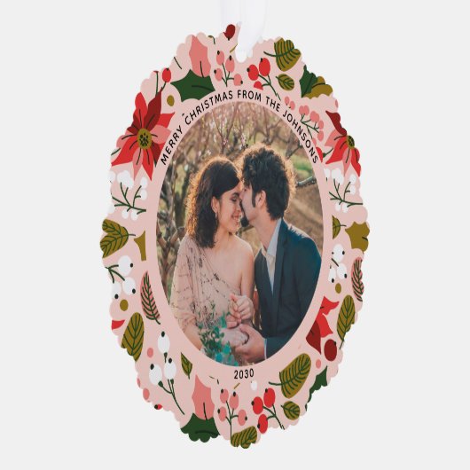 メリーモダンクリスマスのピンクの花の模様の写真 オーナメントカード (右)