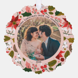 メリーモダンクリスマスのピンクの花の模様の写真 オーナメントカード