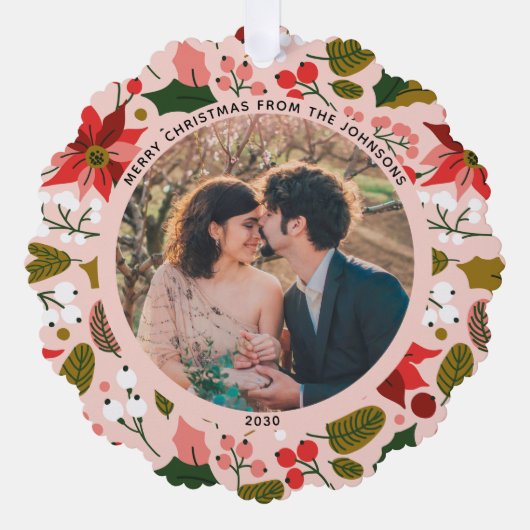 メリーモダンクリスマスのピンクの花の模様の写真 オーナメントカード (正面)