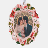 メリーモダンクリスマスのピンクの花の模様の写真 オーナメントカード (左)