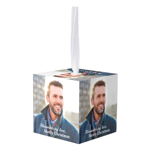 メリーモダンクリスマスの写真のパーソナライズ キューブオーナメント (裏面アングル)