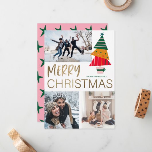 メリーモダンクリスマスの写真&ツリー ノートカード (正面/裏面インサイチュ)