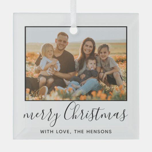 メリーモダンクリスマスの台本の家族の写真 ガラスオーナメント (正面)