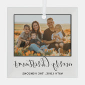 メリーモダンクリスマスの台本の家族の写真 ガラスオーナメント (裏面)