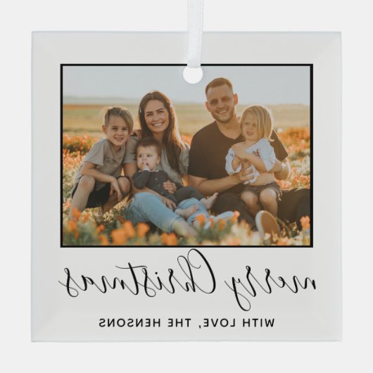 メリーモダンクリスマスの台本の家族の写真 ガラスオーナメント (裏面)
