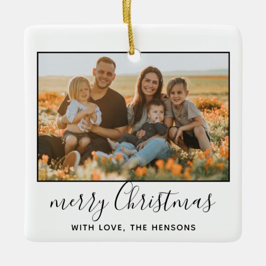 メリーモダンクリスマスの台本の家族の写真 セラミックオーナメント (正面)
