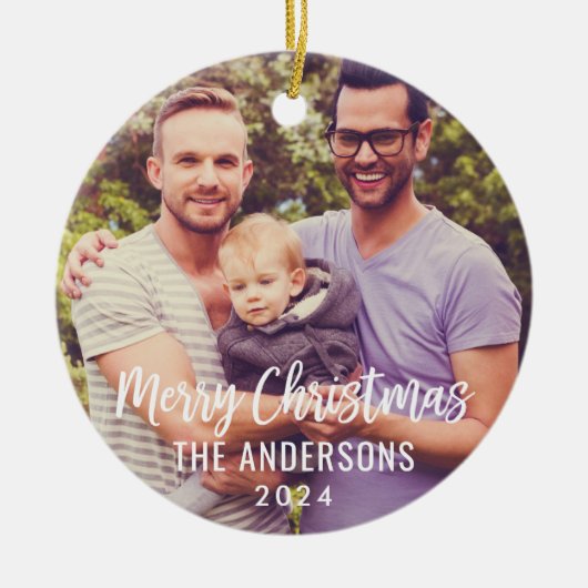 メリーモダンクリスマスの台本カスタムの家族写真 セラミックオーナメント (正面)