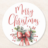 メリーモダンクリスマスの台本ホリーバードレッド ラウンドペーパーコースター (正面)