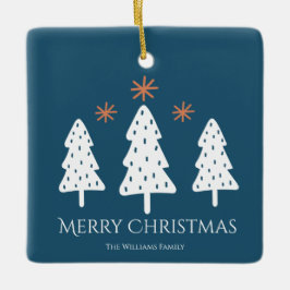 メリーモダンクリスマスの木々がフォトブルー セラミックオーナメント