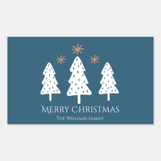 メリーモダンクリスマスの木とスターズブルー 長方形シール (正面)