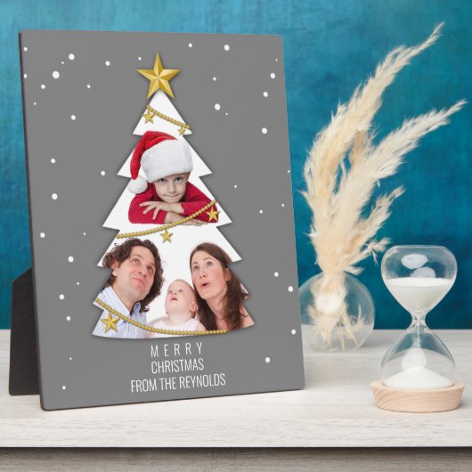 メリーモダンクリスマスの木の写真コラージュ灰色 フォトプラーク (側面)