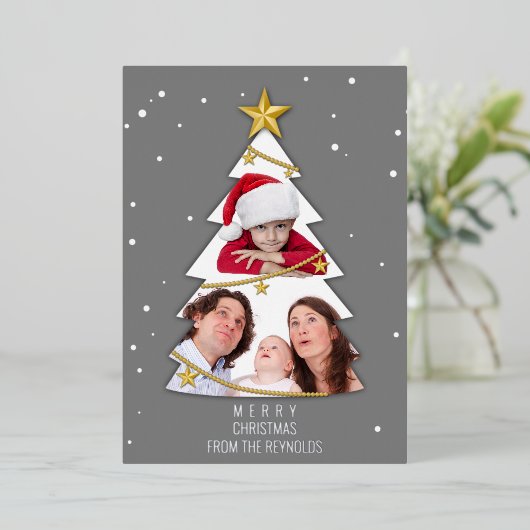 メリーモダンクリスマスの木の写真コラージュ灰色 箔シーズンカード (立ち正面)