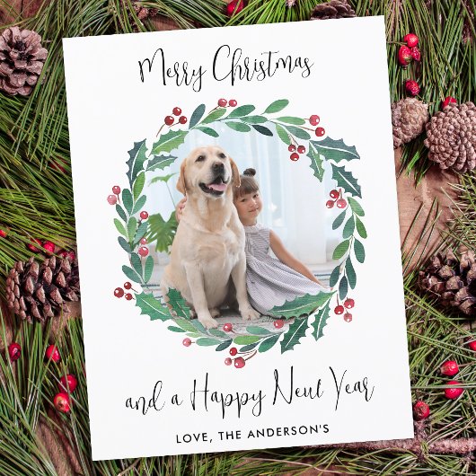 メリーモダンクリスマスの緑のリース写真 シーズンポストカード