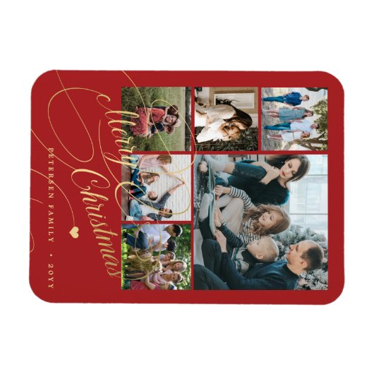 メリーモダンクリスマスの赤い写真コラージュ マグネット (横)
