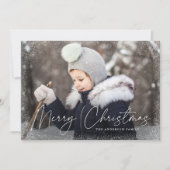 メリーモダンクリスマスの雪の花の赤い写真 シーズンカード (正面)