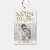 メリーモダンクリスマスアンティーク金ゴールドスクリプトの写真 ギフトタグ (正面)