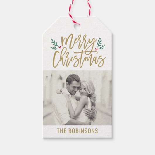 メリーモダンクリスマスアンティーク金ゴールドスクリプトの写真 ギフトタグ (正面)