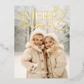 メリーモダンクリスマスエレガント1フォトタイポグラフィ 箔シーズンポストカード (正面)