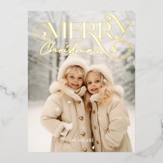 メリーモダンクリスマスエレガント1フォトタイポグラフィ 箔シーズンポストカード (正面)