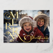 メリーモダンクリスマススクリプトタイポグラフィ1写真 箔シーズンカード (正面)