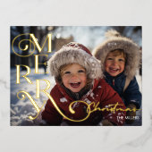 メリーモダンクリスマススクリプトタイポグラフィ1写真 箔シーズンポストカード (正面)