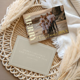 メリーモダンクリスマススクリプトベージュ1写真金ゴールド 箔シーズンカード