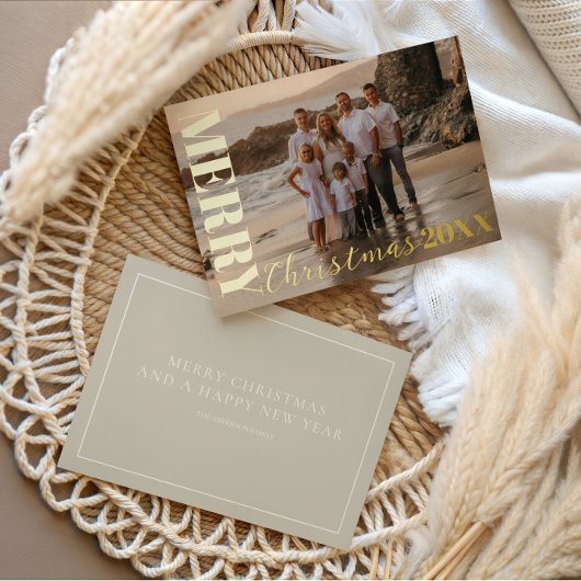 メリーモダンクリスマススクリプトベージュ1写真金ゴールド 箔シーズンカード